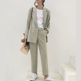 Vintage Autumn Winter Thicken Women Pant Suit Light Green Notched Blazer Jacket & Pant 2019 Office Wear Women Suits Female Sets